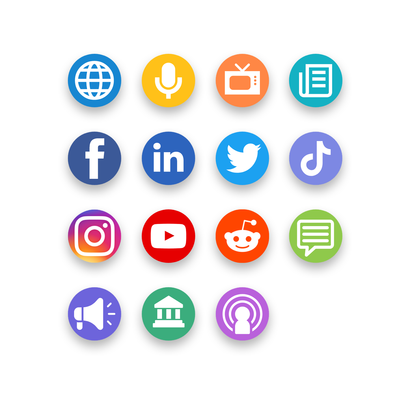 Icons representing various media platforms and communication channels, including social media logos, news outlets, and audio-visual media, emphasizing comprehensive media monitoring solutions by Spaza Communications for public relations management.