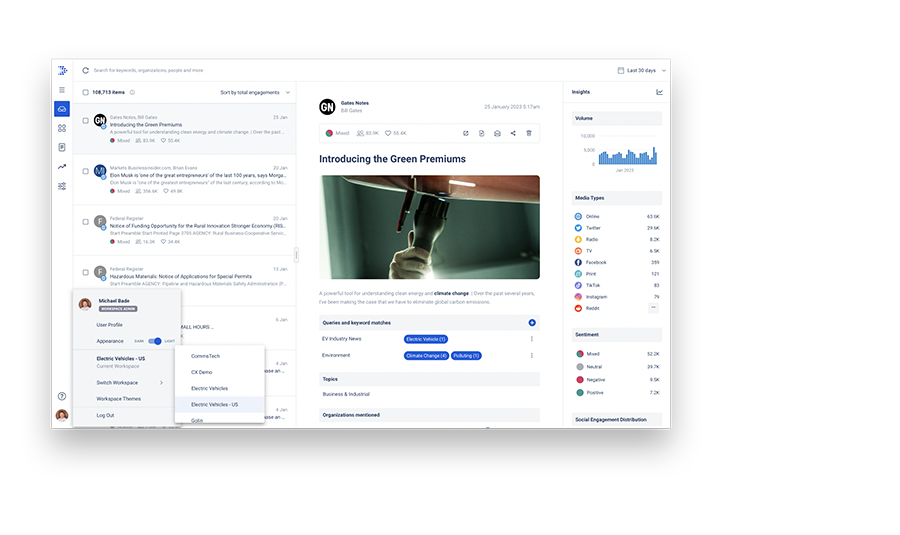 Dashboard interface displaying media monitoring insights and engagement metrics for Spaza Communications, featuring sections for alerts, insights, and relevant news on electric vehicles and climate change.